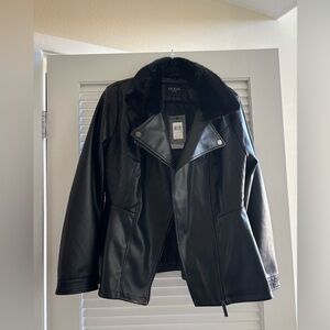 Guess Women's Black Leather Jacket with Faux Fur Collar